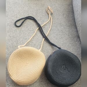 Black and Tan Round Woven Crossbody Bags